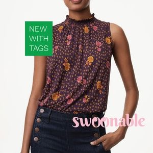 LOFT Petite Rosebud Smocked Mock Neck Shell